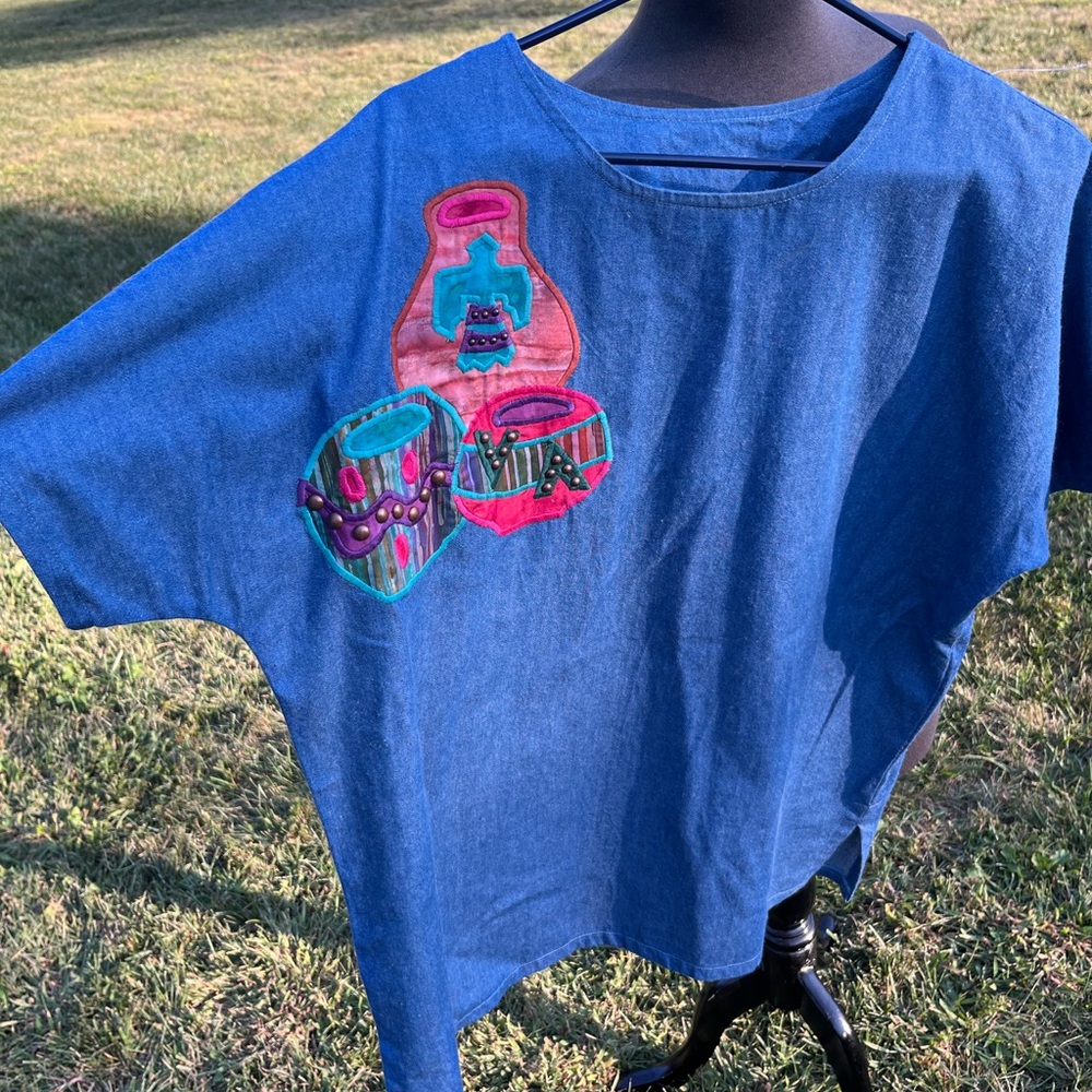Alfredo’s Wife vintage denim pottery top shirt ladies M